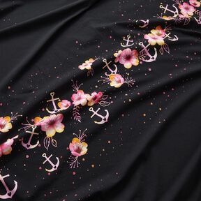 Katoenjersey maritieme bloemen | Glitzerpüppi – zwart/purper, 