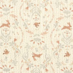 Mousseline/dubbel gehaakte stoffen Vogel en konijn in de bloementuin – ecru, 