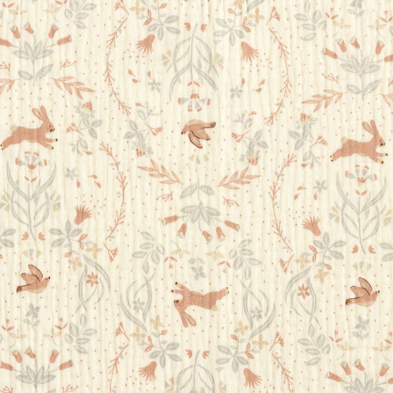 Mousseline/dubbel gehaakte stoffen Vogel en konijn in de bloementuin – ecru,  image number 1