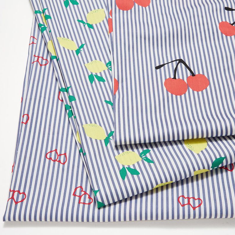 Popeline stretch Strepen en kersen – wit/indigo,  image number 5