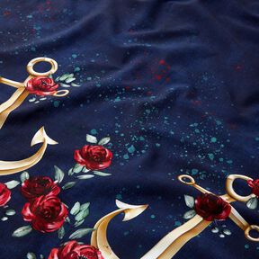 Katoenjersey Ankers en rozen | Glitzerpüppi – nachtblauw/oud goud, 