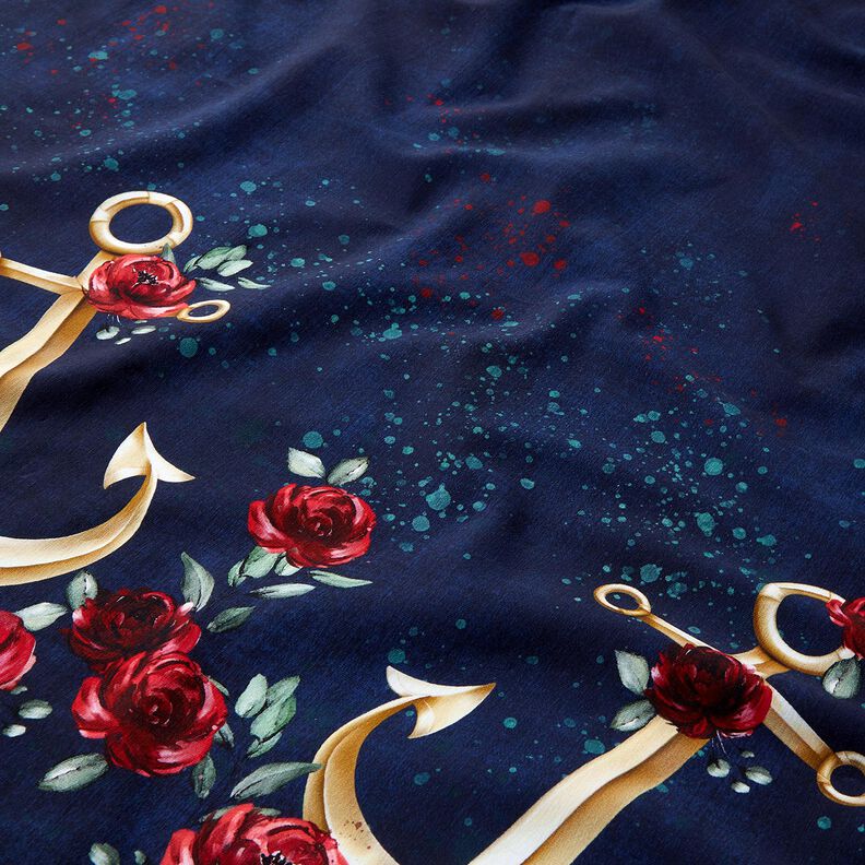 Katoenjersey Ankers en rozen | Glitzerpüppi – nachtblauw/oud goud,  image number 2