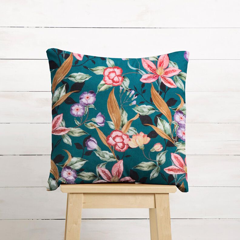 Decoratiefluweel elegante bloemen &ndash; petroleum/pink,  image number 6