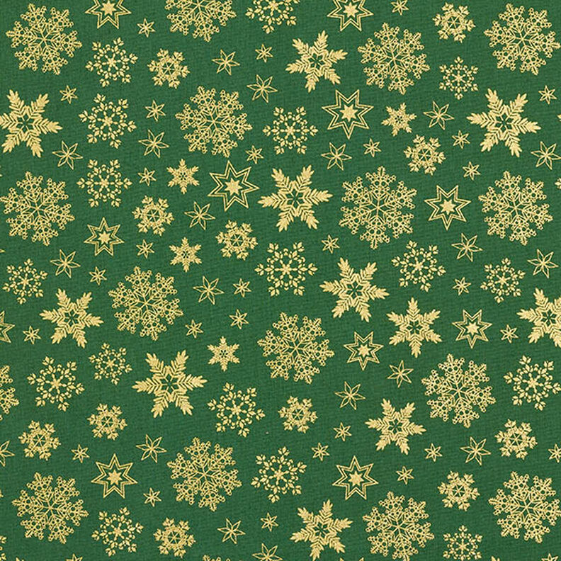 Katoenen stof Popeline Sneeuwkristal – groen/goud, image number 1