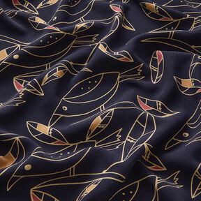 Viscosestof Art deco vogels – nachtblauw/zand, 