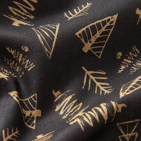 Katoenen stof Cretonne elegante sparrenbomen – zwart/goud, 