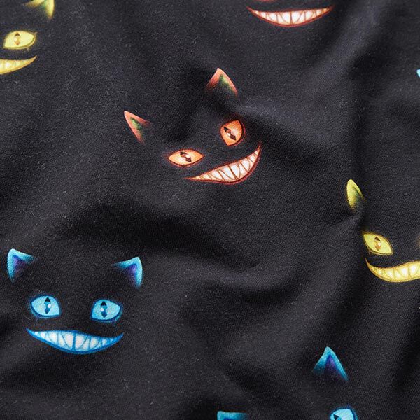 French Terry sommersweat Cheshire Cat Digitaal printen – zwart/kleurenmix, image number 2