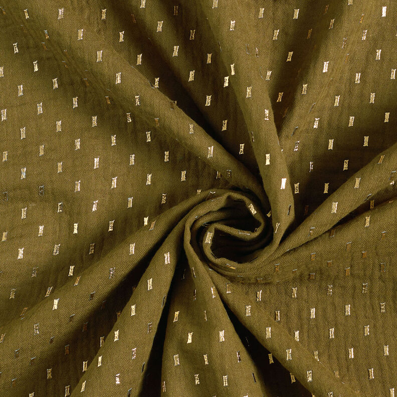 Mousseline/dubbel gehaakte stoffen Foliedruk Vakjes – donkerolijf/goud, image number 4