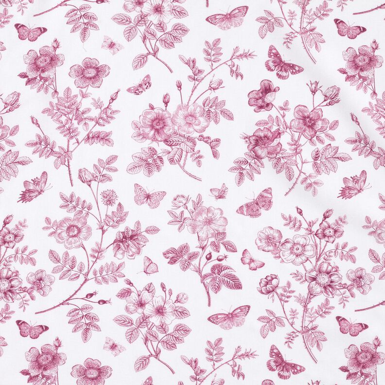 Viscosestof Bloemen en vlinders – wit/druif,  image number 1