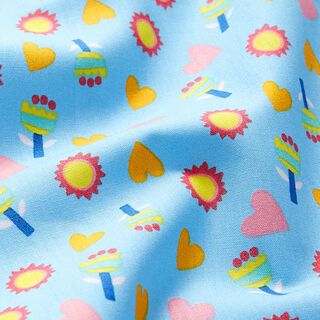 Katoenpopeline Bloemen, zonnen, hartjes – lichtblauw, 