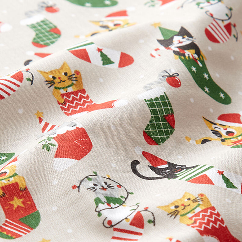 Katoenen stof Cretonne Kerstkatten – natuur, image number 2