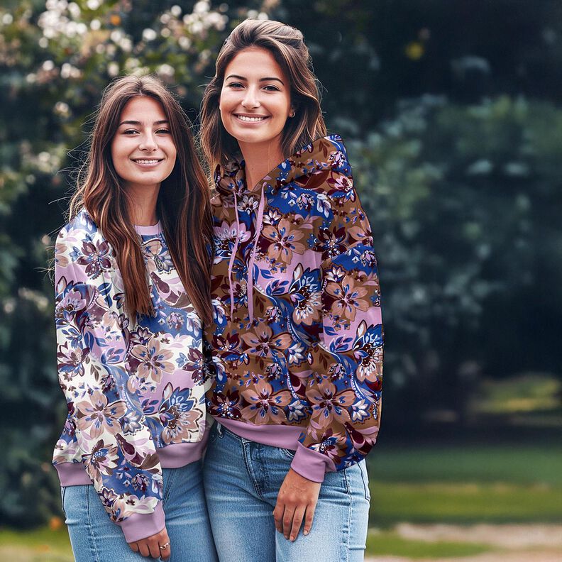 French Terry sommersweat Geschilderde bloemen Digitaal printen – indigo/kastanjebruin,  image number 5