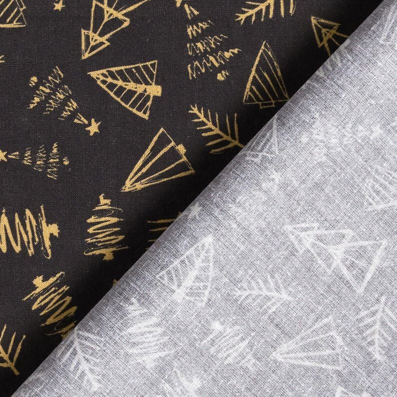Katoenen stof Cretonne elegante sparrenbomen – zwart/goud,  image number 4