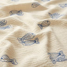 Mousseline/dubbel gehaakte stoffen opgestikte vis | Poppy Fabrics – ecru/koningsblauw, 