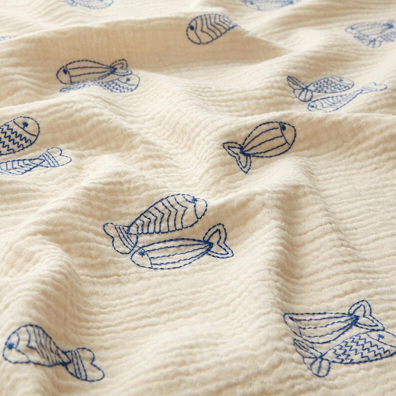 Mousseline/dubbel gehaakte stoffen opgestikte vis | Poppy Fabrics – ecru/koningsblauw,  image number 2