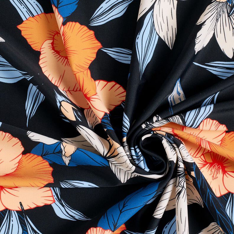 Badpakstof grote hibiscusbloemen – zwart blauw/perzik,  image number 3