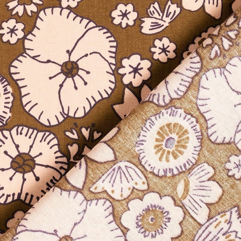 Katoenen stof Cretonne Retrobloemen – olijf/roos, image number 4