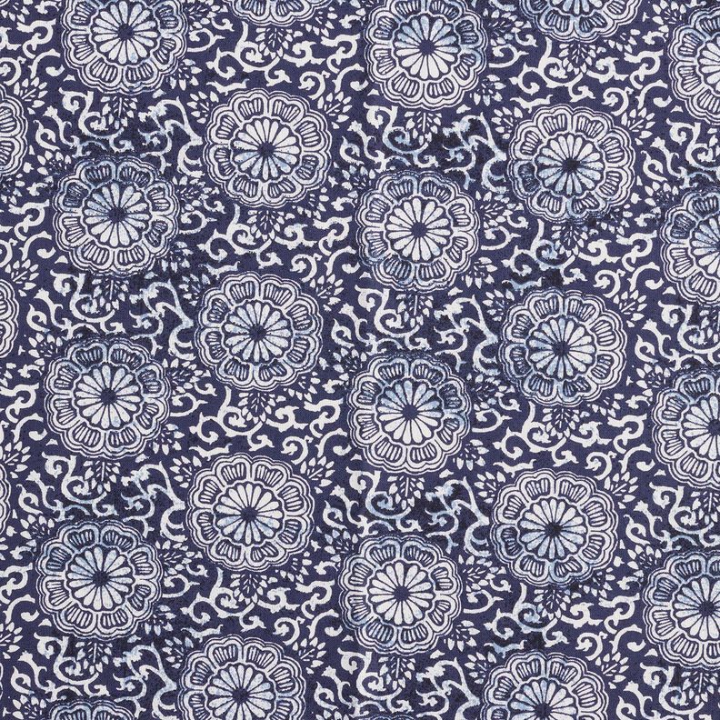 Katoenen stof Cretonne bloemige mandala – wit/nachtblauw,  image number 1