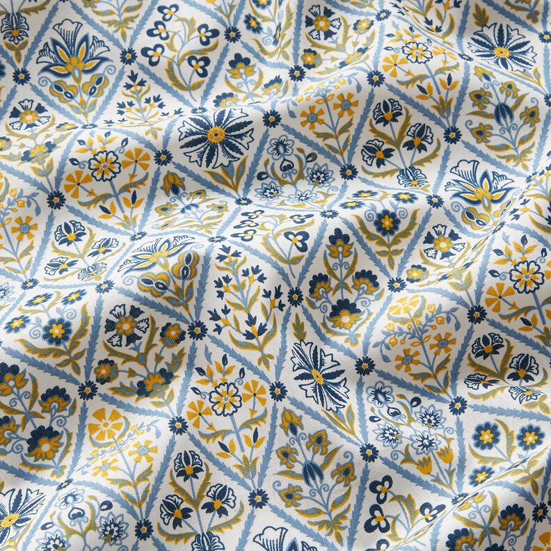 Katoenen stof Cretonne Bloemen-vakjes – wit/stralend blauw,  image number 2