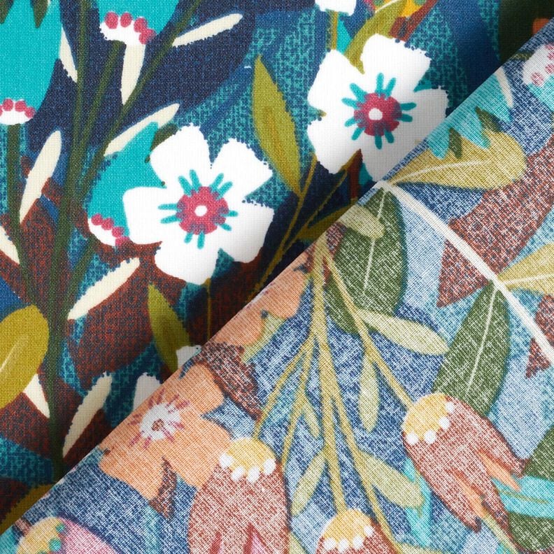 Gecoate katoen Bloemenmix &ndash; petroleum/roodbruin,  image number 4