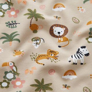 GOTS Katoenjersey schattige jungledieren – cashew, 