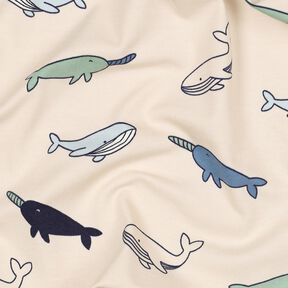 Katoenjersey schattige walvissen| Poppy Fabrics – cashew/marineblauw, 