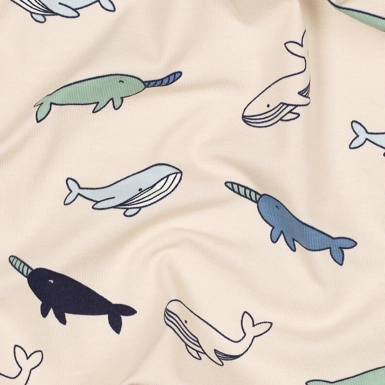 Katoenjersey schattige walvissen| Poppy Fabrics – cashew/marineblauw,  image number 2