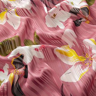 Chiffon satijn en glanzende strepen grote bloemen – oudroze, 