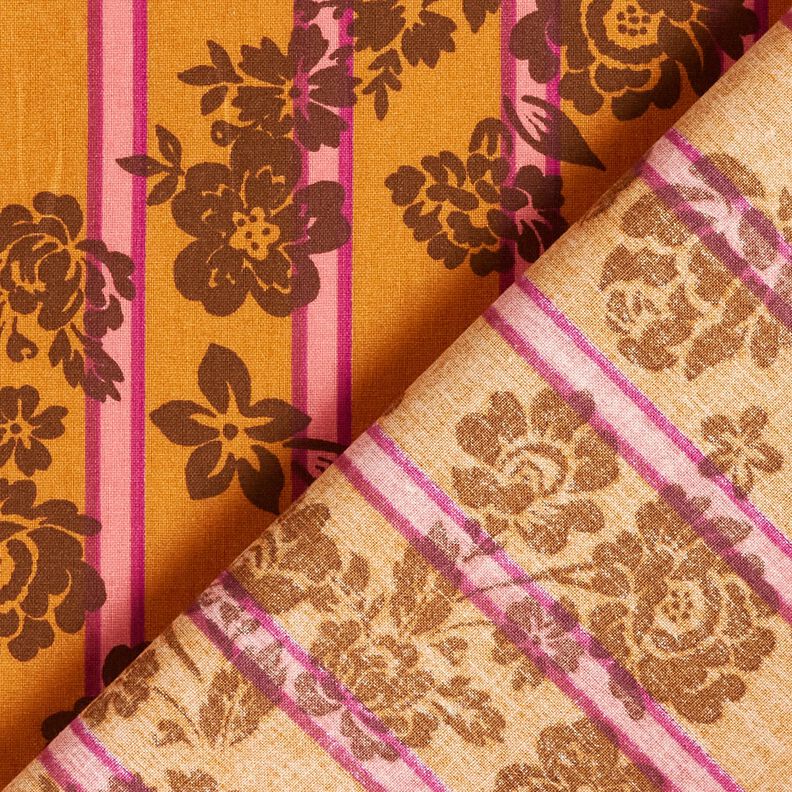 Katoenen stof Cretonne Bloemen op strepen – currygeel/purper,  image number 4