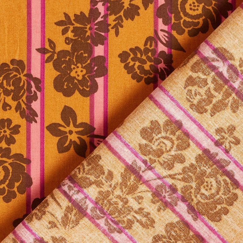 Katoenen stof Cretonne Bloemen op strepen – currygeel/purper, image number 4