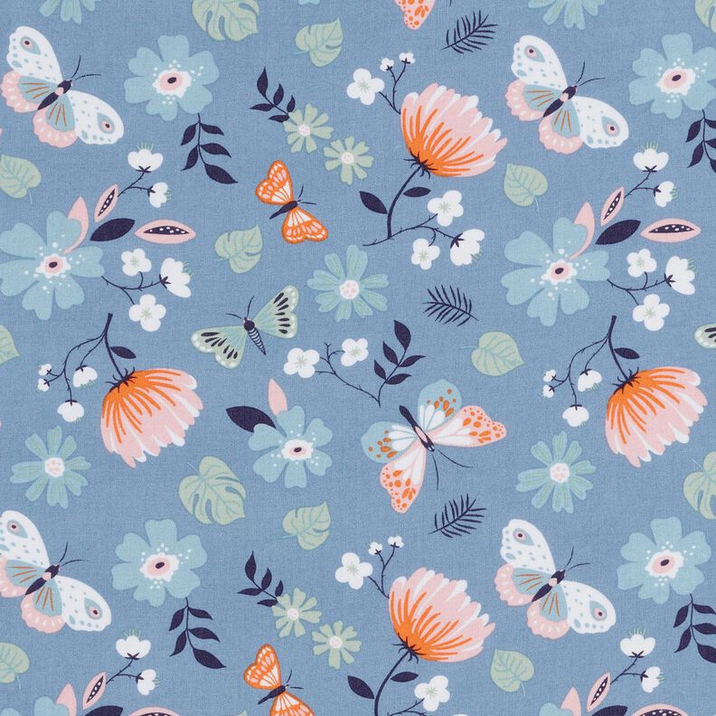 Viscosestof Bloemen en vlinders – licht jeansblauw/lichtroze,  image number 1