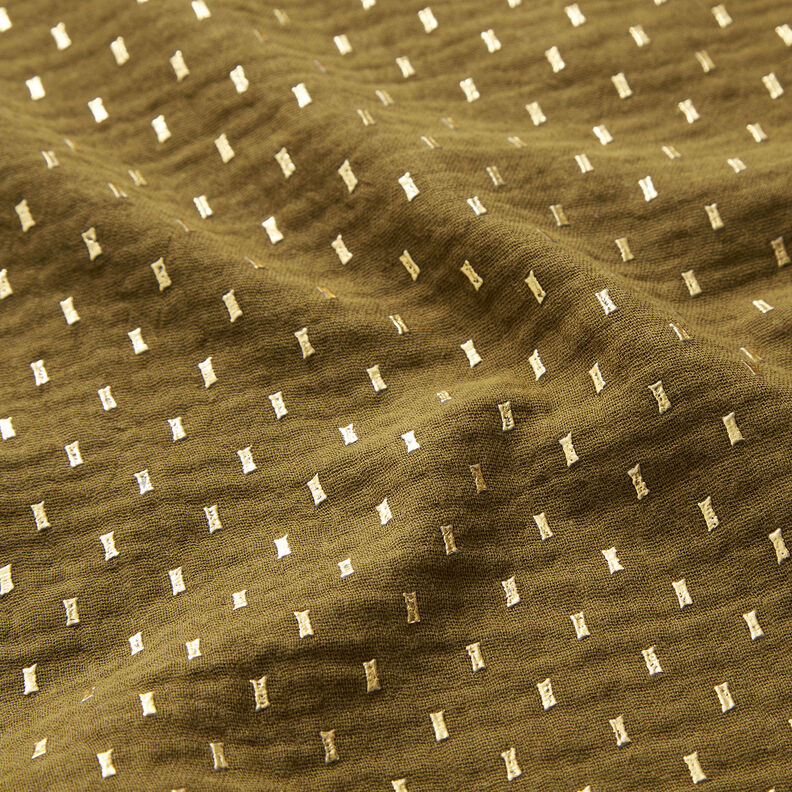 Mousseline/dubbel gehaakte stoffen Foliedruk Vakjes – donkerolijf/goud,  image number 2