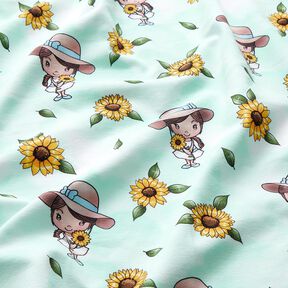 Katoenjersey Zonnebloemmeisje | Glitzerpüppi – ijsblauw/zonnegeel, 