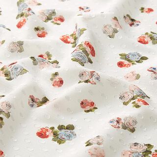 Crêpe chiffon met dobby stippen en roosjes – wit, 