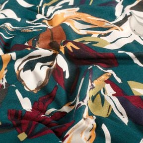 Viscosejersey moderne bloemen – petroleum/koper, 