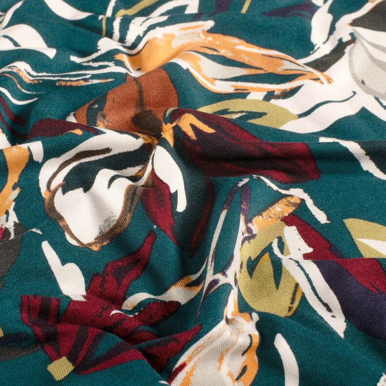 Viscosejersey moderne bloemen – petroleum/koper, image number 2