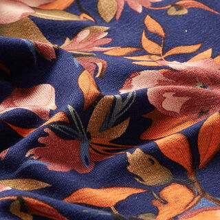 Viscosejersey prachtige bloemen – marineblauw/oranje, 