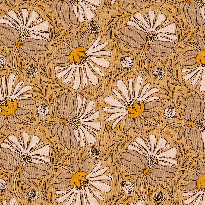 Decostof Half panama Grote bloemen – donkerbeige/currygeel,  image number 1