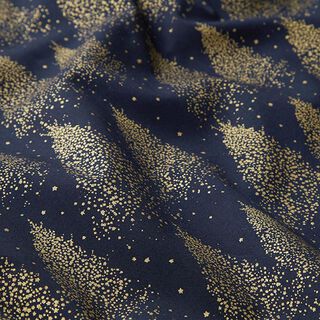 Katoenen stof popeline Gouden glinsterende dennenboom – marineblauw, 