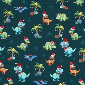 French Terry sommersweat Kerstdinosaurussen onder palmbomen | Glitzerpüppi – petroleum/lichtgroen, 