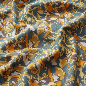 Viscosestof abstracte bloemenzee – blauwe spar/currygeel, 