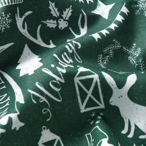 Katoenen stof Cretonne Prettige feestdagen – blauwe spar/wit, 