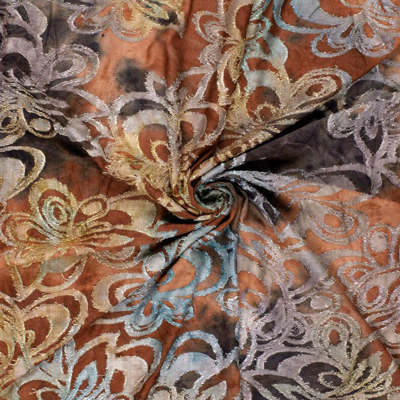 Jacquardjersey Bloemen met batik – roodbruin/steengrijs, image number 3