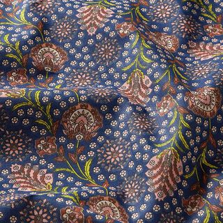 Katoenen stof Cretonne Oosterse bloemen – marineblauw/perzik, 