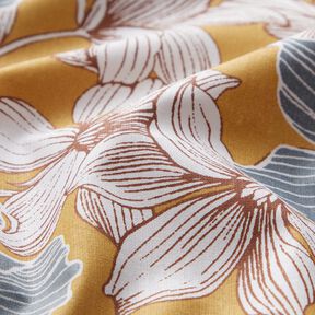 Katoenen stof Cretonne grote bloemen – mosterd/grijs, 