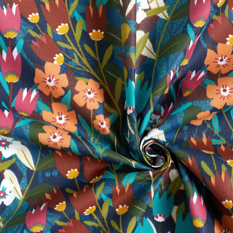 Gecoate katoen Bloemenmix &ndash; petroleum/roodbruin,  image number 3