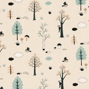 GOTS Katoenen stof Cretonne Vogels in het bos – natuur/eucalyptus, 