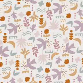 Katoenen stof Cretonne abstracte vogels – ecru/pastelviolet, 