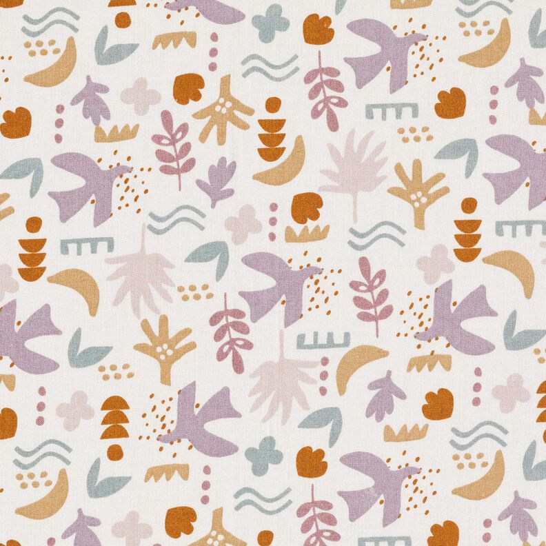 Katoenen stof Cretonne abstracte vogels – ecru/pastelviolet,  image number 1
