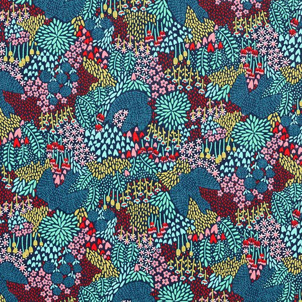 Katoenen stof cretonne vogels in een bloemenveld – nachtblauw,  image number 1